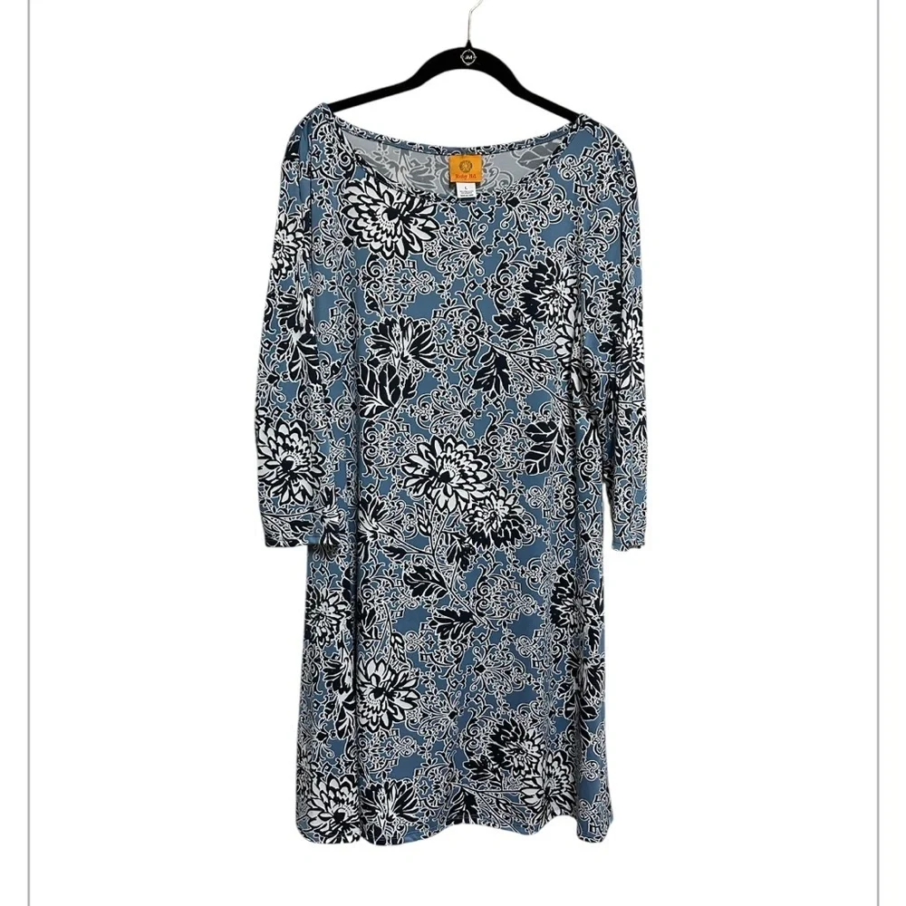 Ruby Rd Dress Size Large Blue Floral Print Long Sleeve Casual NWT